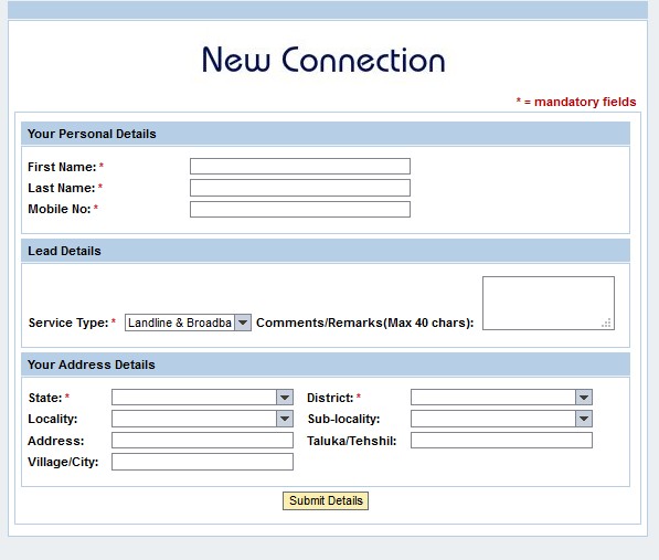 bsnl new connection form online