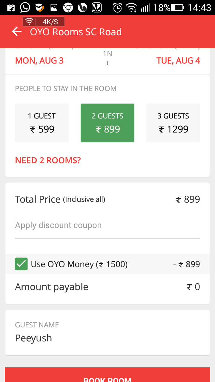 oyo free room book from app