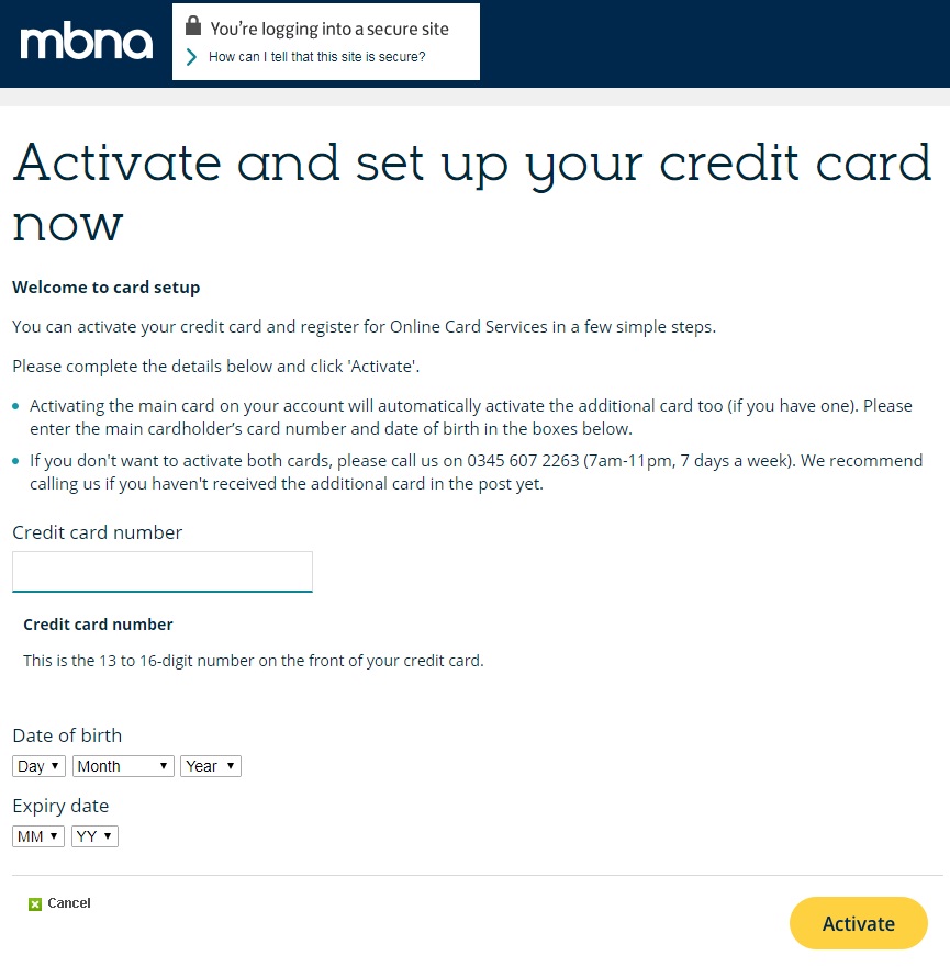 activate mbna card