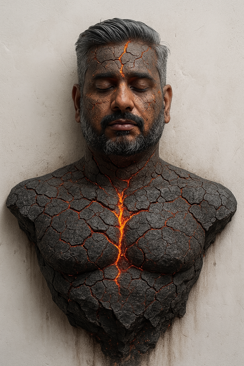 A surreal hyper-realistic sculpture of a man (The photo given) head and upper shoulders emerging from a white wall, her face serene and eyes closed. Her skin appears cracked like dry volcanic earth, with glowing red-hot lava flowing through the fissures from her forehead down to her chest. The texture resembles cooling lava stone with ash-black edges and deep glowing magma veins. Highly detailed 3D render with realistic skin texture, soft shadows, and dramatic lighting. The expression is peaceful, contrasting with the intense, fiery cracks. Art style: digital sculpture, photo-realism, fantasy art.